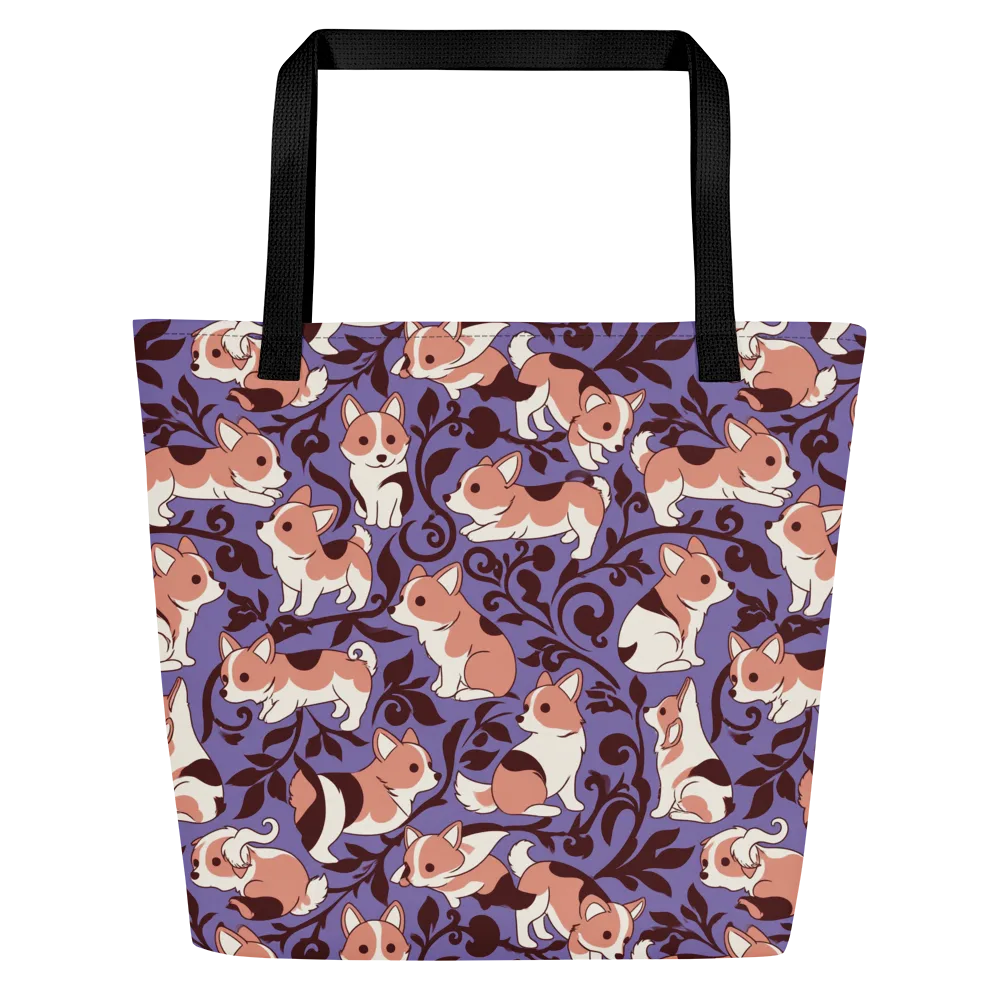 Corgi Damask on Large Tote Bag W/ Pocket — Front