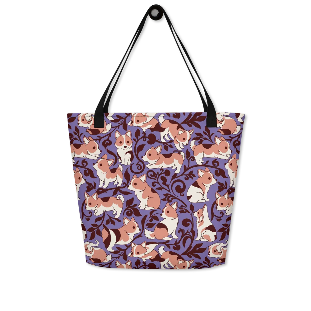 Corgi Damask on Large Tote Bag W/ Pocket — Front