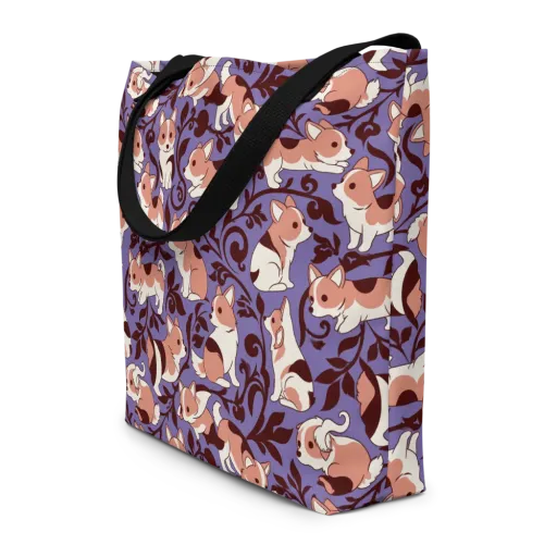 Corgi Damask on a Large Tote Bag W/ Pocket