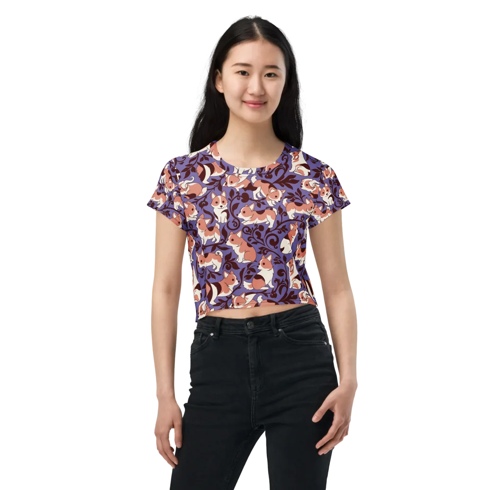 Corgi Damask on Crop Tee — Front