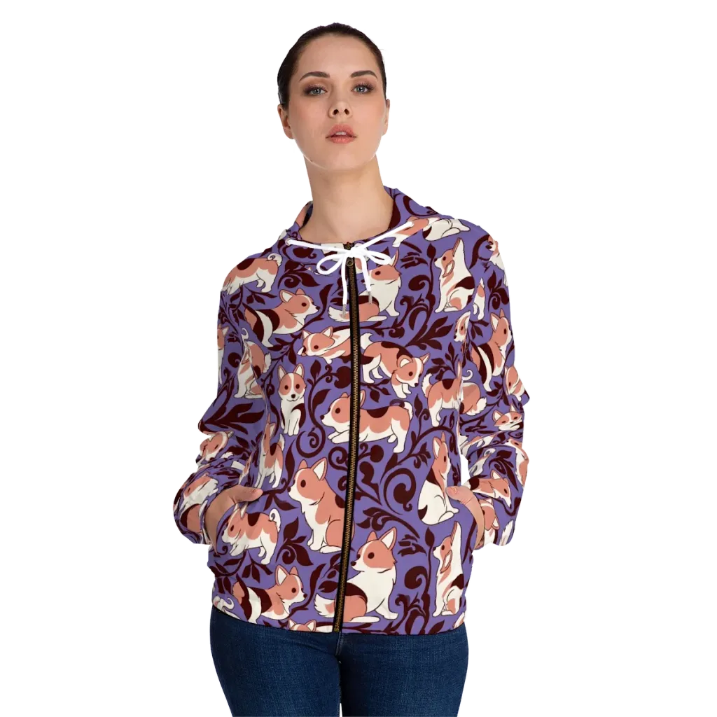 Corgi Damask on Women's Full-Zip Hoodie — Front On Person