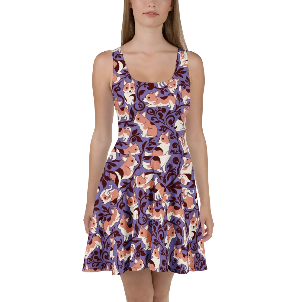 Corgi Damask on Skater Dress — Front