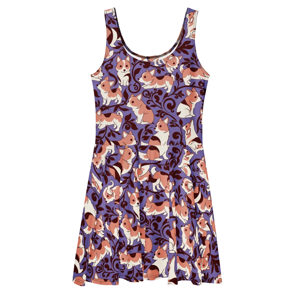 Corgi Damask on Skater Dress — Front