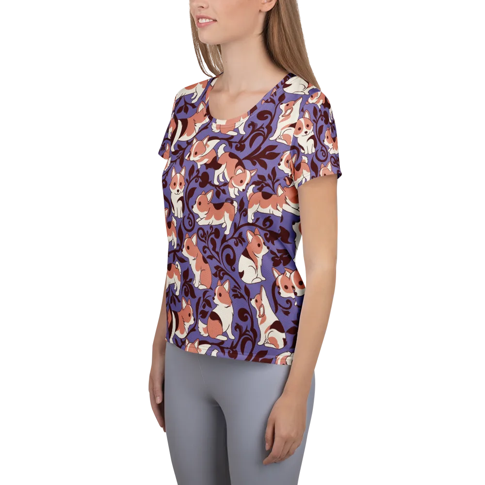 Corgi Damask on Women's Athletic T-Shirt — Left