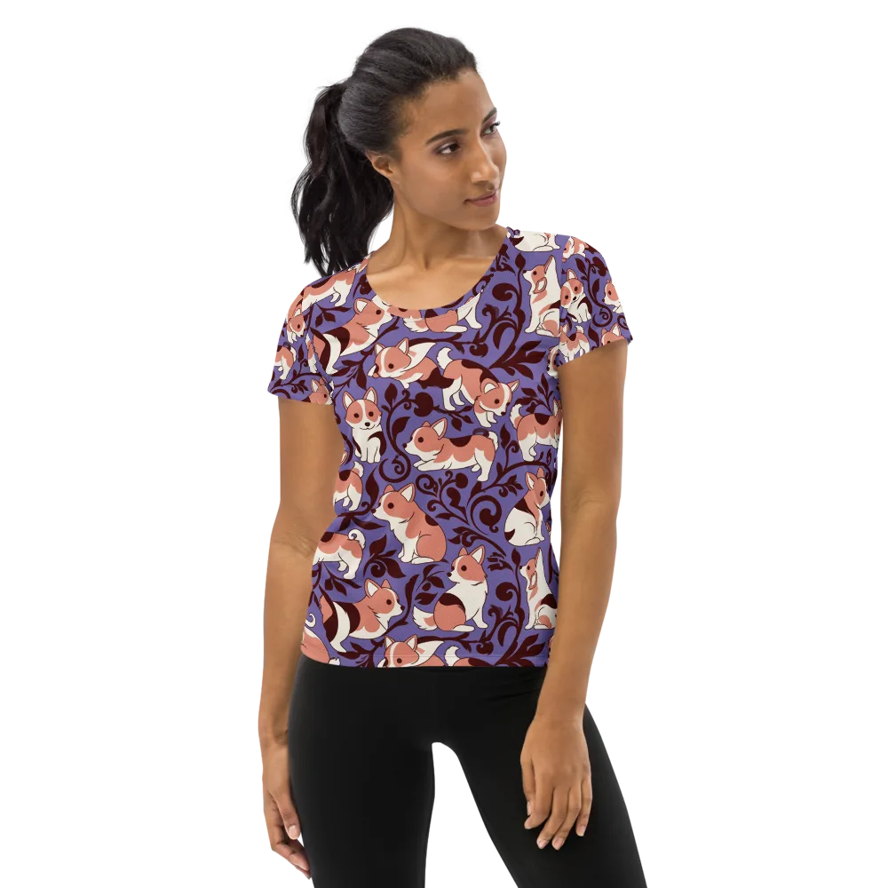 Corgi Damask on Women's Athletic T-Shirt — Front