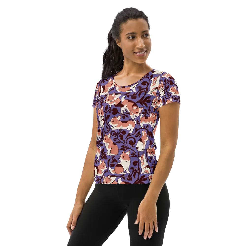 Corgi Damask on Women's Athletic T-Shirt — Left