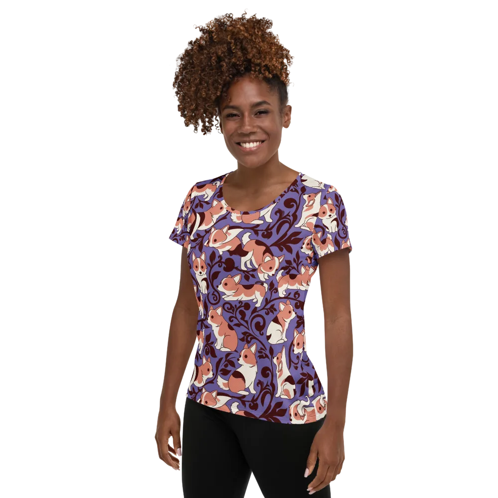 Corgi Damask on Women's Athletic T-Shirt — Left