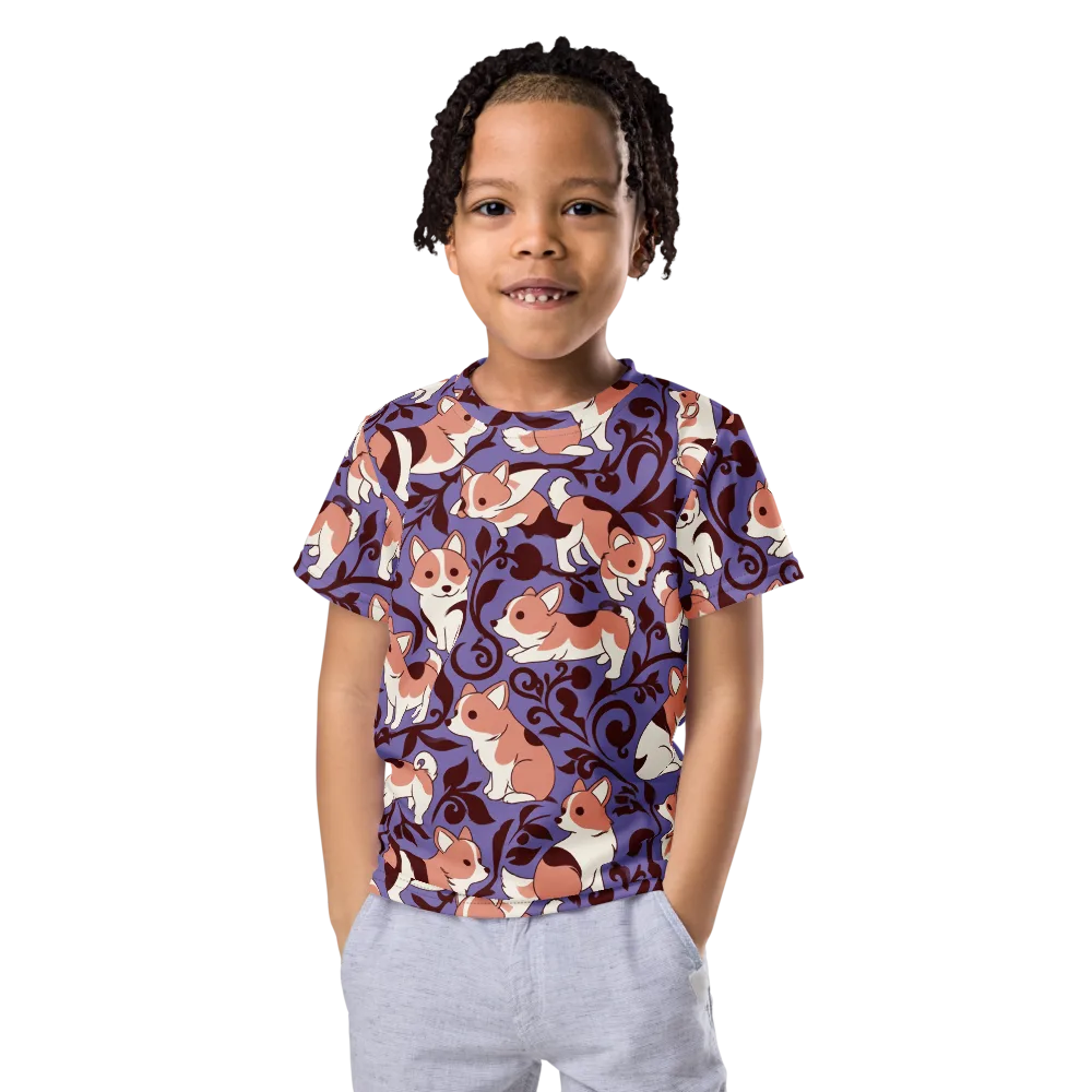 Corgi Damask on Kids Crew Neck T-Shirt — Front