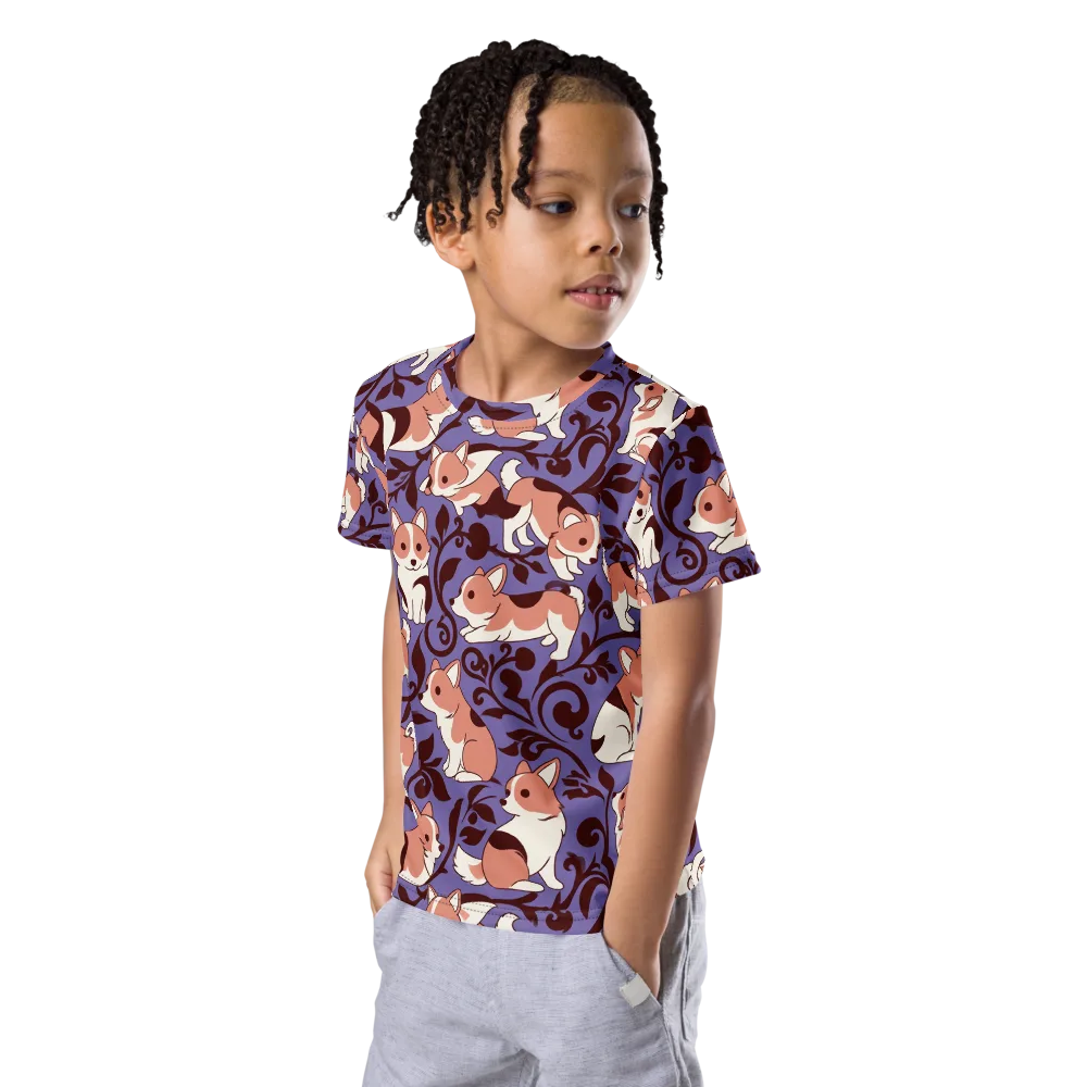 Corgi Damask on Kids Crew Neck T-Shirt — Left Front