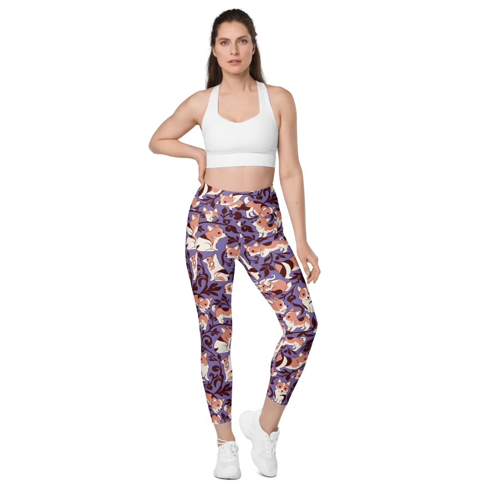 Corgi Damask on Leggings with Pockets — Front
