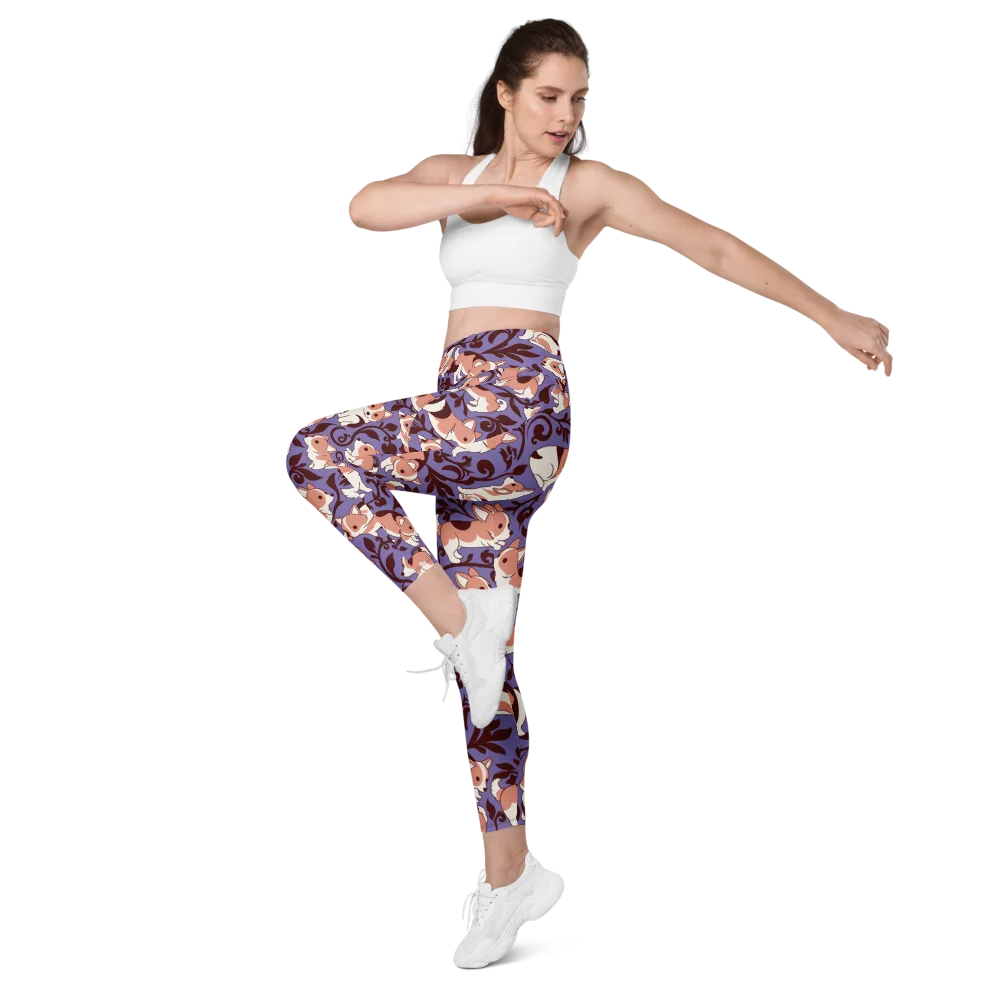 Corgi Damask on Leggings with Pockets — Left Front