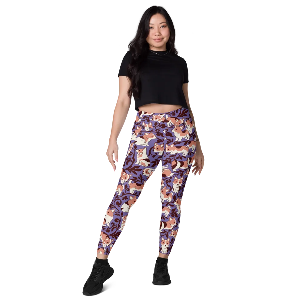 Corgi Damask on Leggings with Pockets — Front