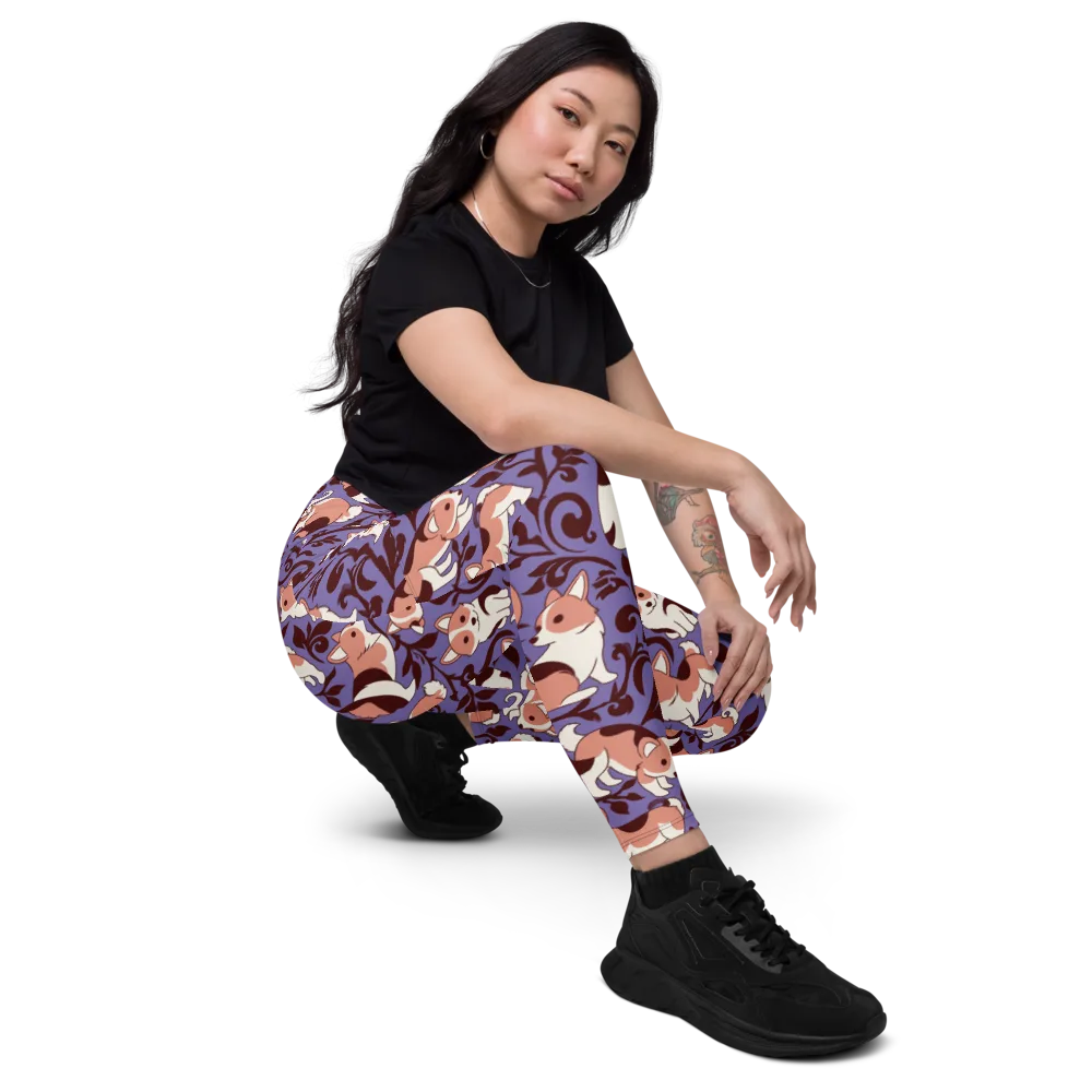 Corgi Damask on Leggings with Pockets — Right Front