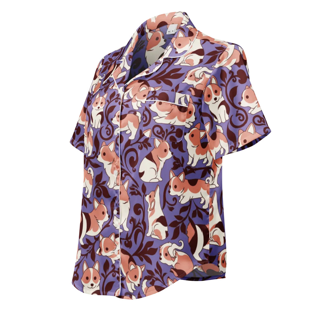 Corgi Damask on Women's Short Sleeve Pajama Top — Left Front