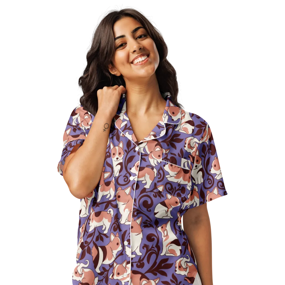 Corgi Damask on Women's Short Sleeve Pajama Top — Front