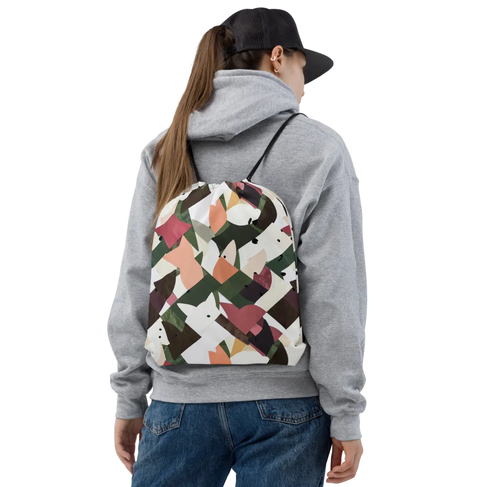 Patchwork Menagerie on Drawstring Bag — Front