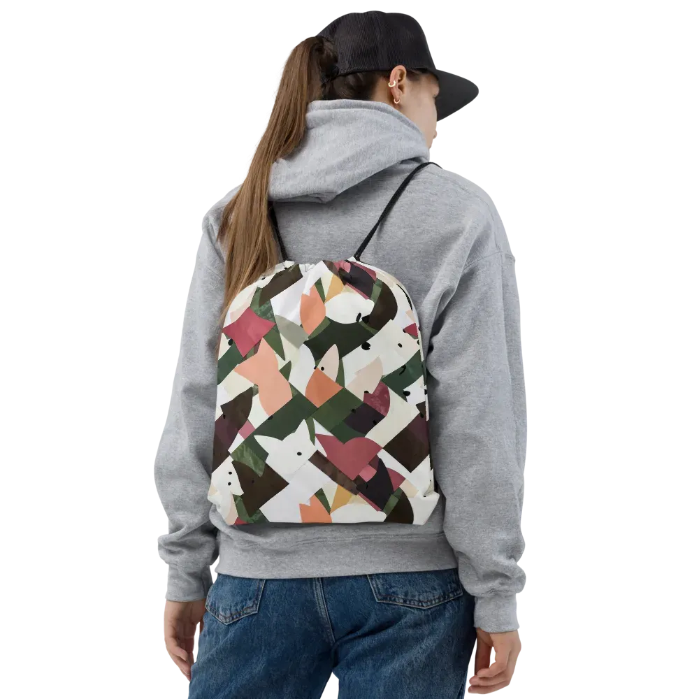 Patchwork Menagerie on Drawstring Bag — Front