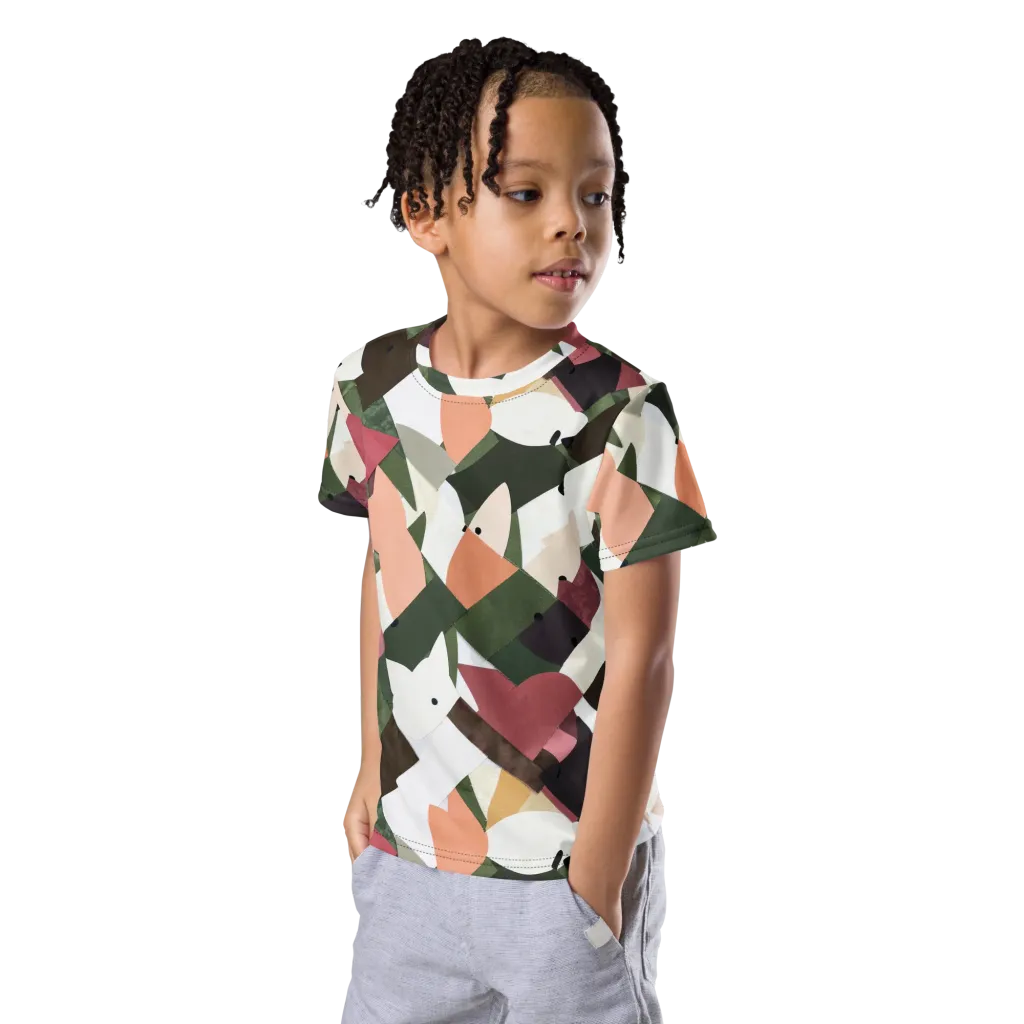 Patchwork Menagerie on Kids Crew Neck T-Shirt — Left Front