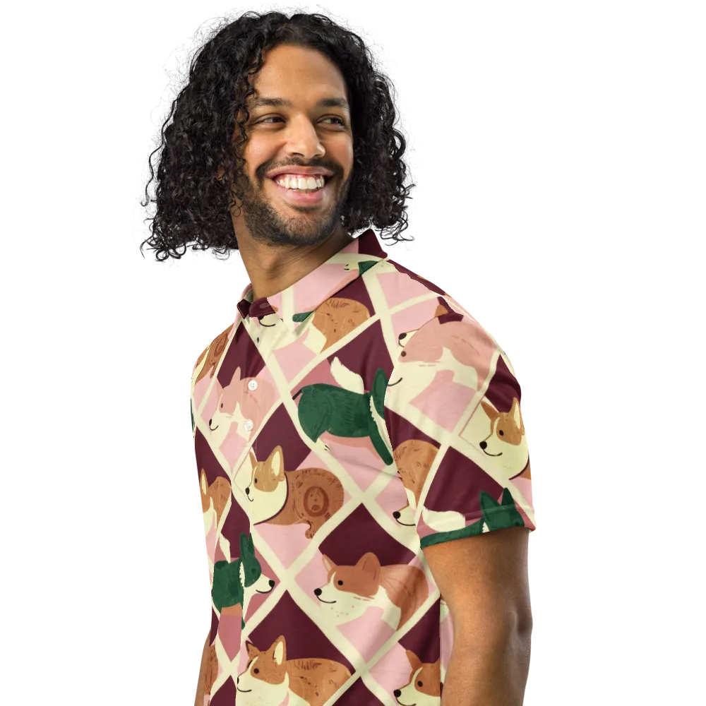 Corgi Quilt on Men's Slim Fit Polo Shirt — Left Front