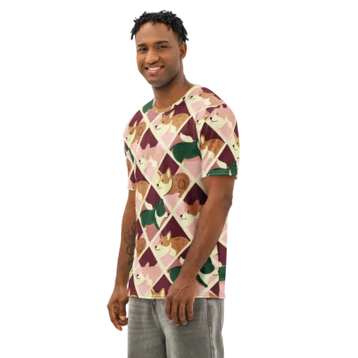 Corgi Quilt on a Men's Cotton Crew Neck T-Shirt
