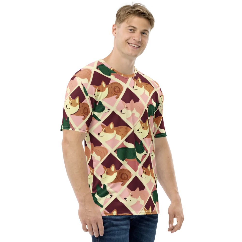 Corgi Quilt on Men's Crew Neck T-Shirt — Right