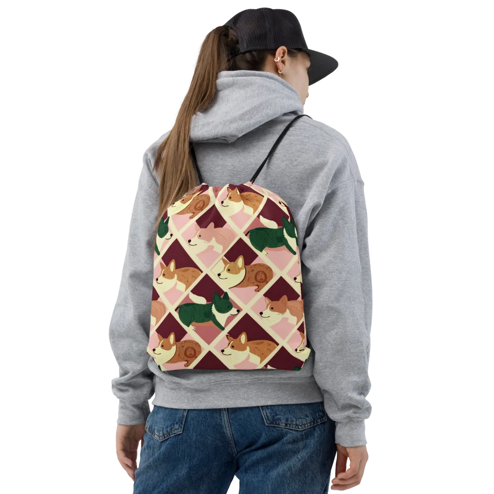 Corgi Quilt on Drawstring Bag — Front
