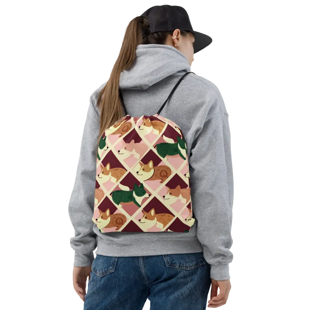 Corgi Quilt on Drawstring Bag — Front