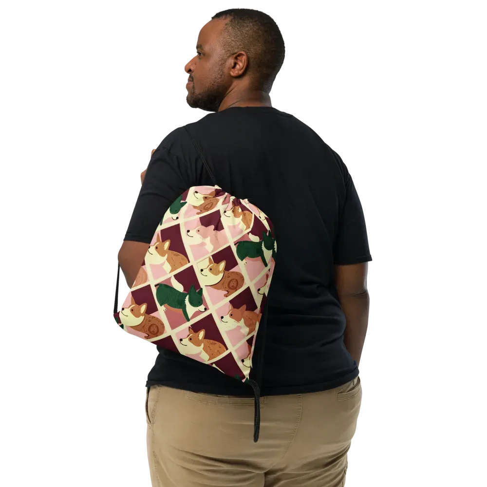 Corgi Quilt on Drawstring Bag — Front