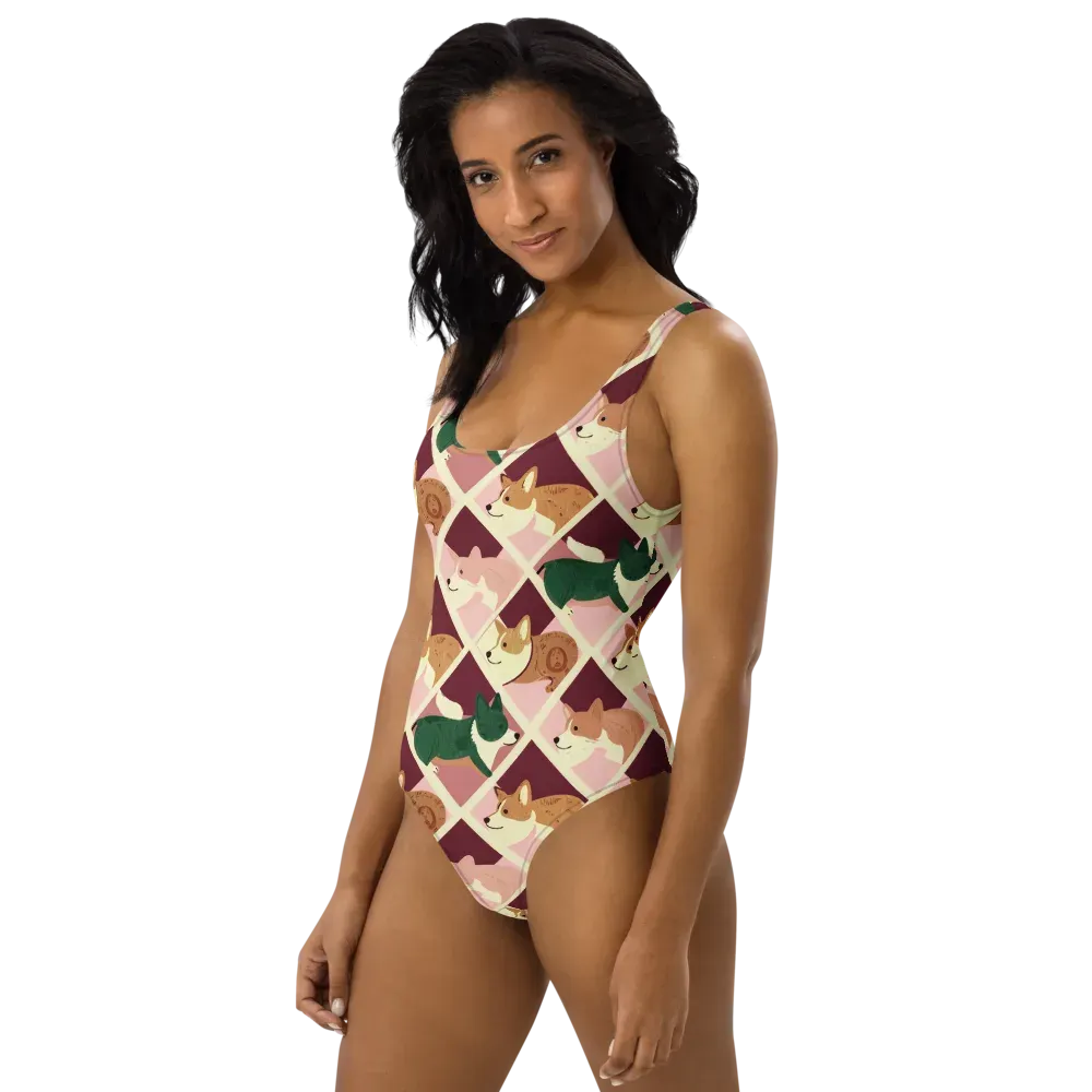 Corgi Quilt on One-Piece Swimsuit — Left