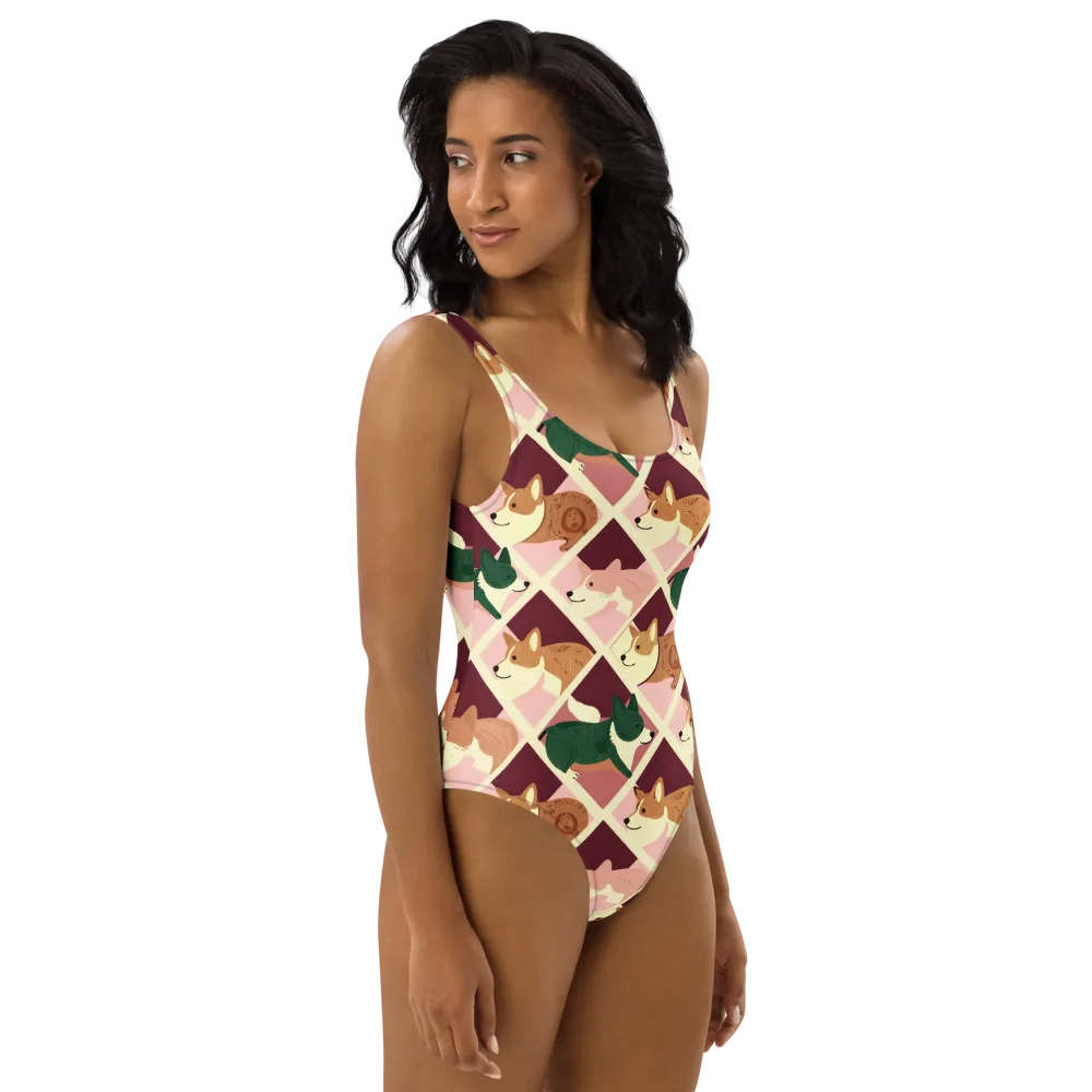 Corgi Quilt on One-Piece Swimsuit — Right
