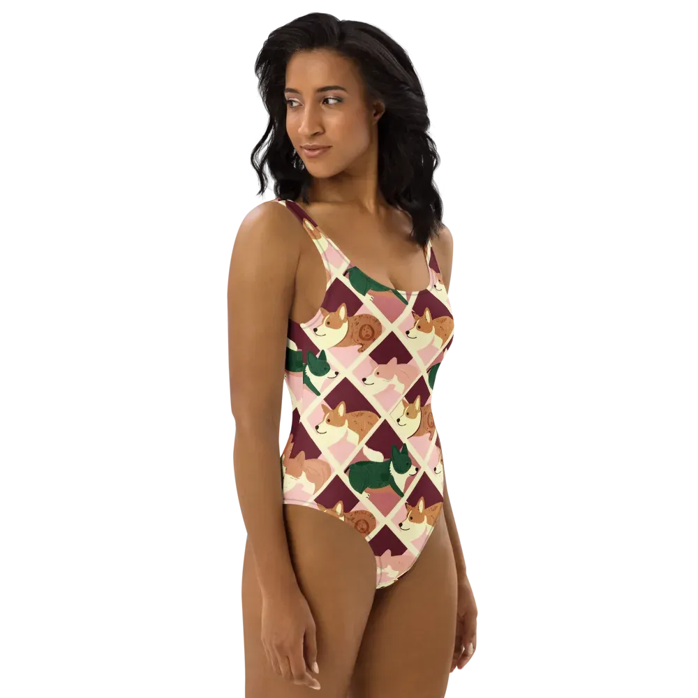 Corgi Quilt on One-Piece Swimsuit — Right
