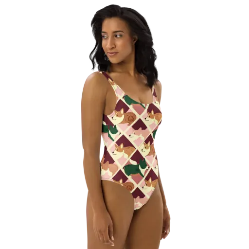 Corgi Quilt on a One-Piece Swimsuit