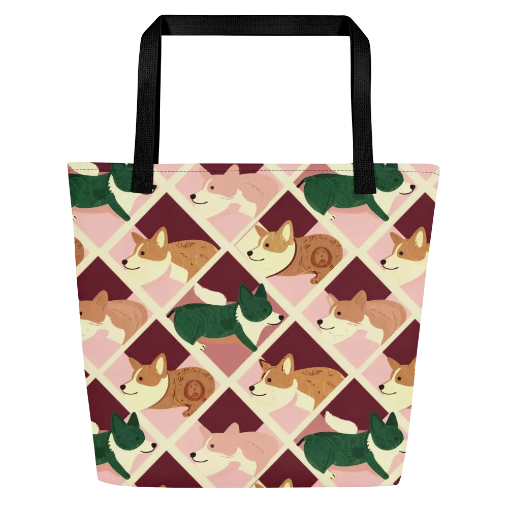 Corgi Quilt on Large Tote Bag W/ Pocket — Front