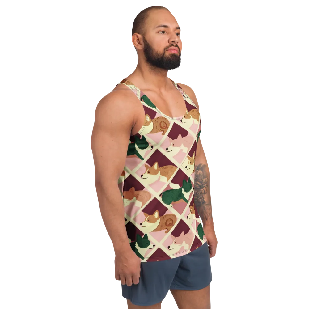 Corgi Quilt on Men's Tank Top — Right Front