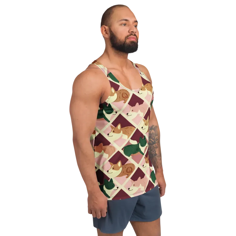 Corgi Quilt on Men's Tank Top — Right Front