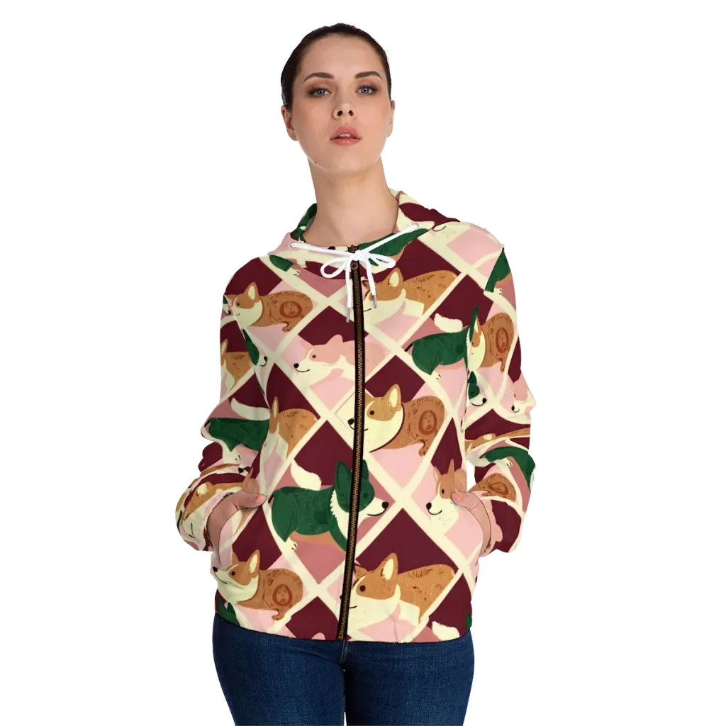 Corgi Quilt on Women's Full-Zip Hoodie — Front On Person
