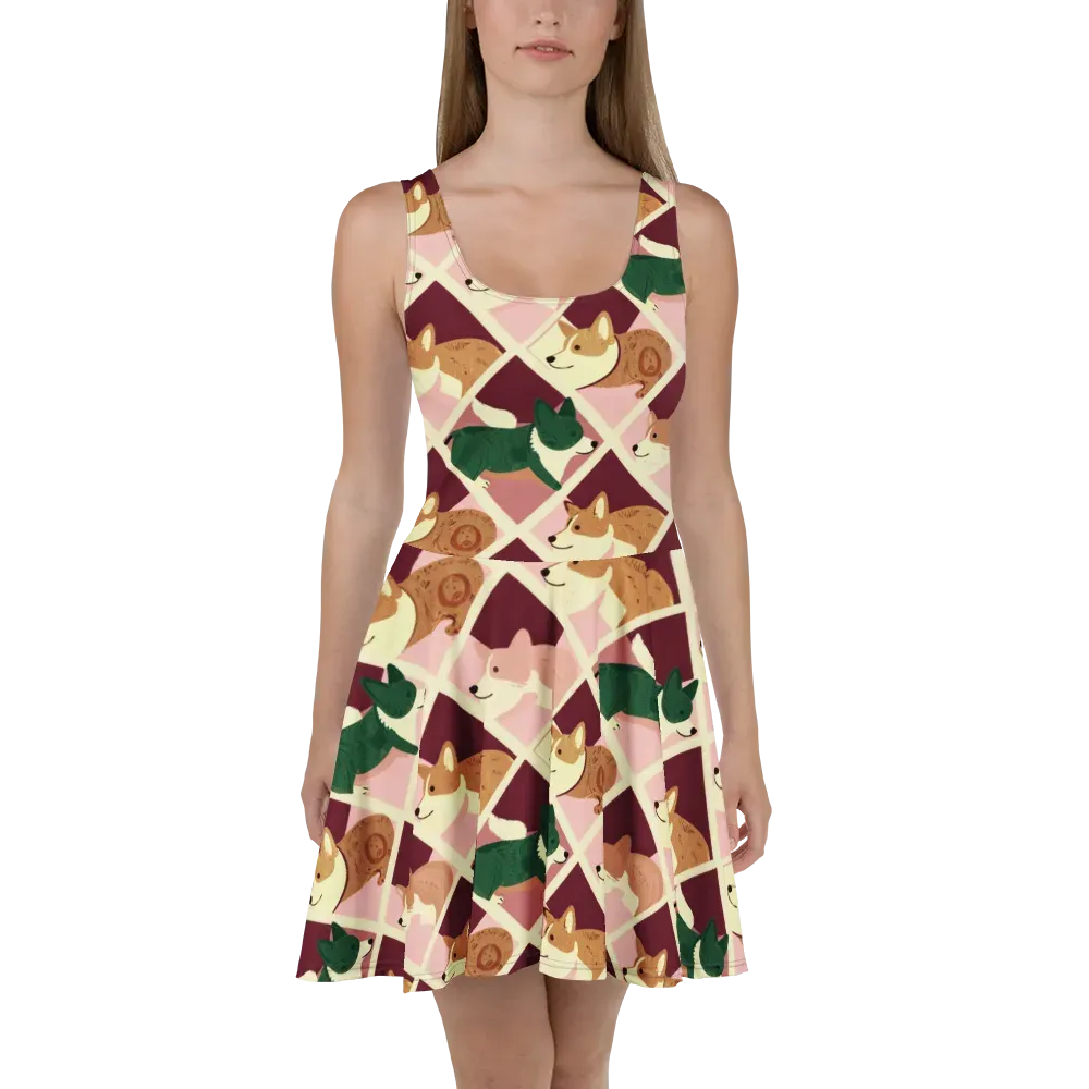 Corgi Quilt on Skater Dress — Front
