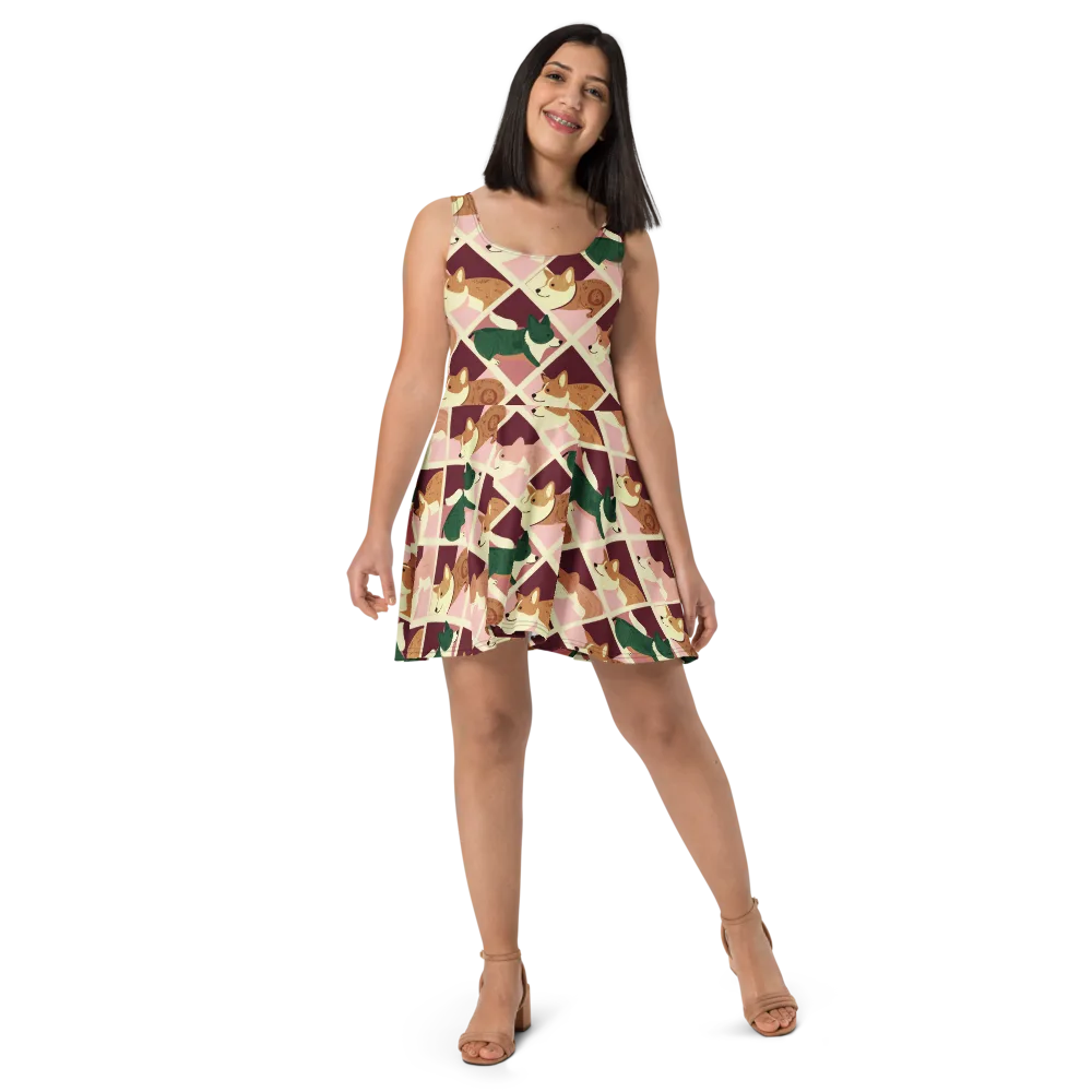 Corgi Quilt on Skater Dress — Front