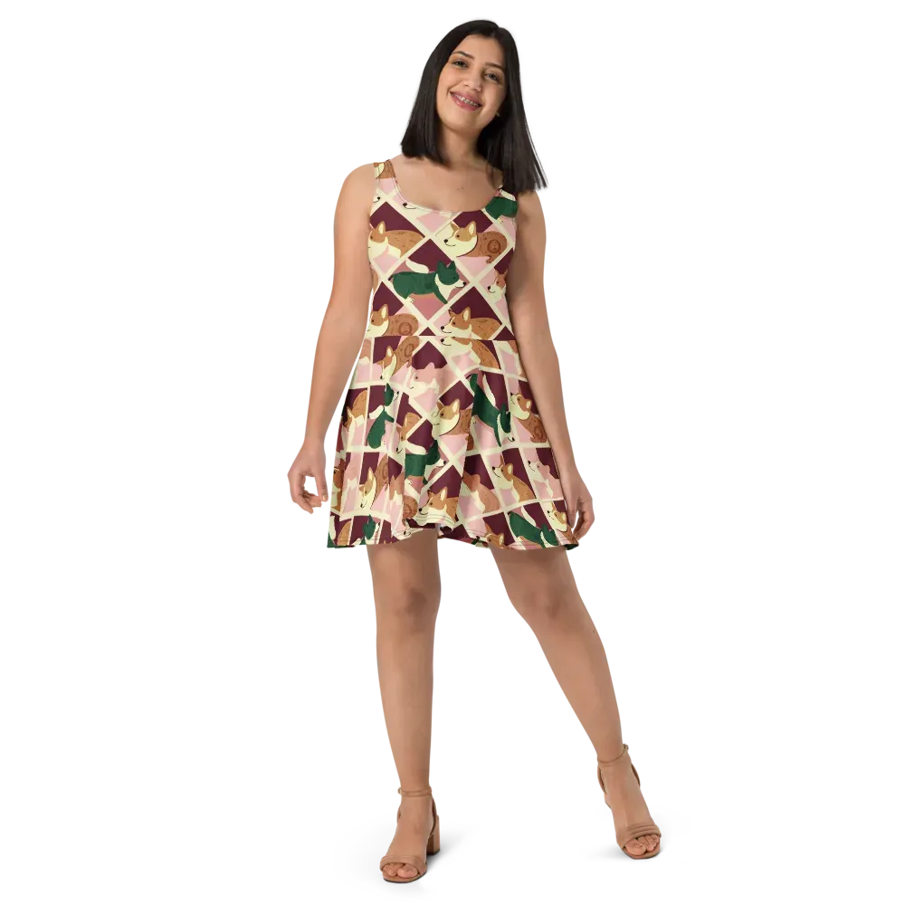 Corgi Quilt on Skater Dress — Front