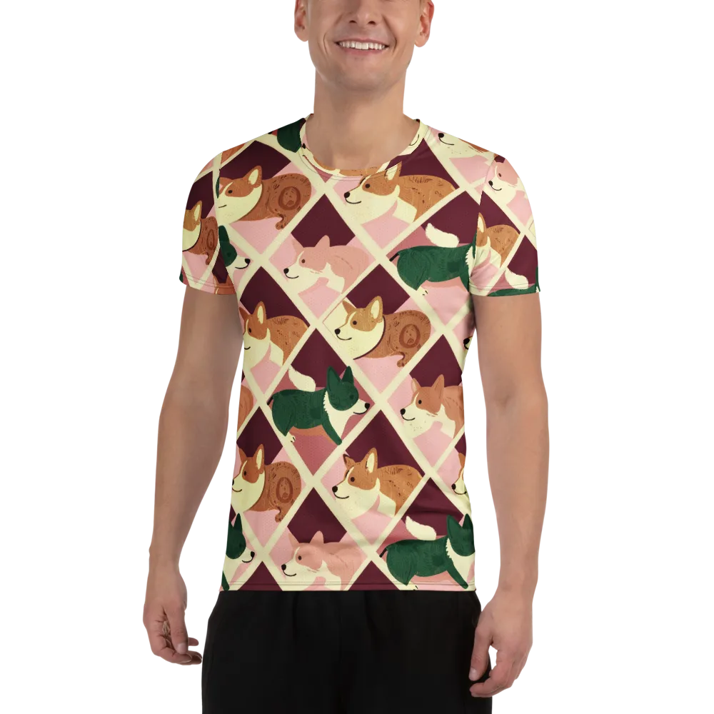 Corgi Quilt on Men's Athletic T-Shirt — Front