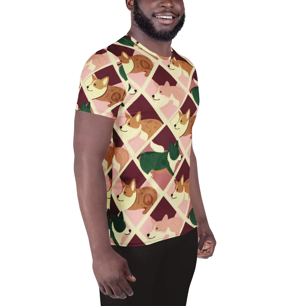 Corgi Quilt on Men's Athletic T-Shirt — Right