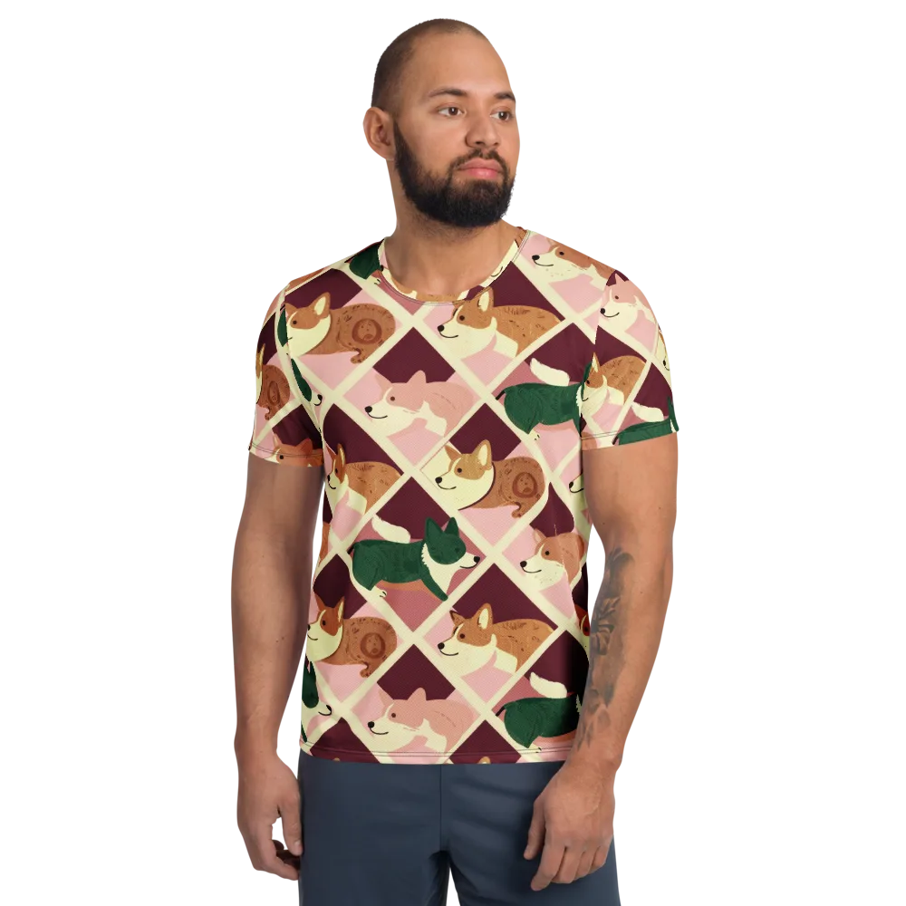 Corgi Quilt on Men's Athletic T-Shirt — Front