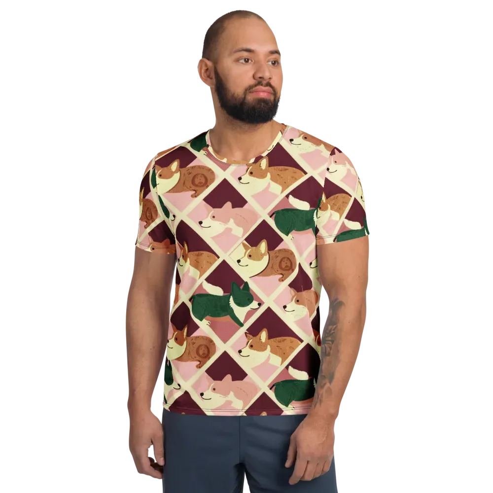 Corgi Quilt on Men's Athletic T-Shirt — Front