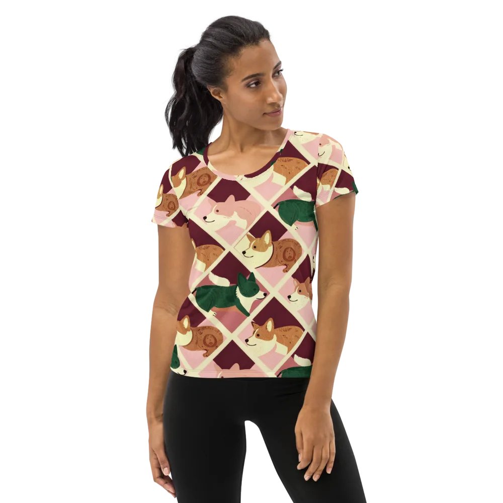 Corgi Quilt on Women's Athletic T-Shirt — Front