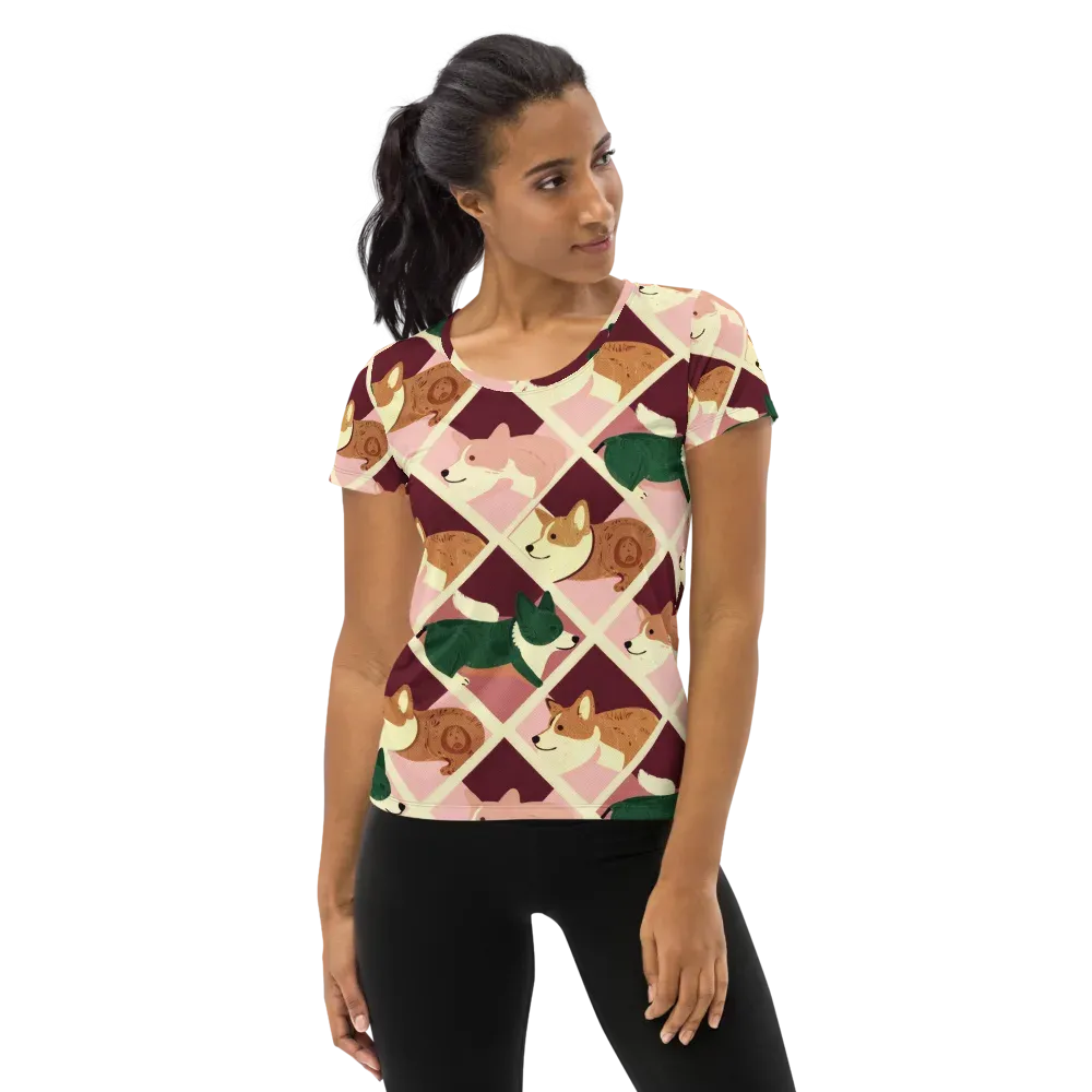 Corgi Quilt on Women's Athletic T-Shirt — Front