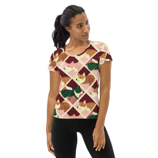 Corgi Quilt on a Women's Athletic T-Shirt