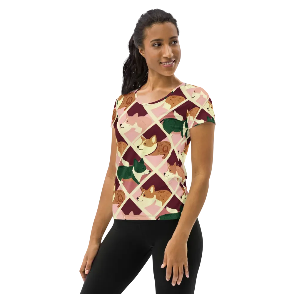 Corgi Quilt on Women's Athletic T-Shirt — Left