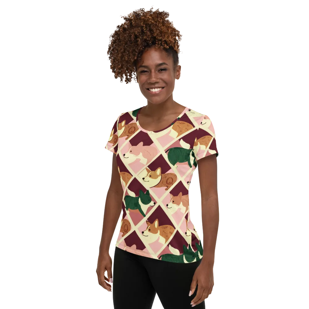 Corgi Quilt on Women's Athletic T-Shirt — Left