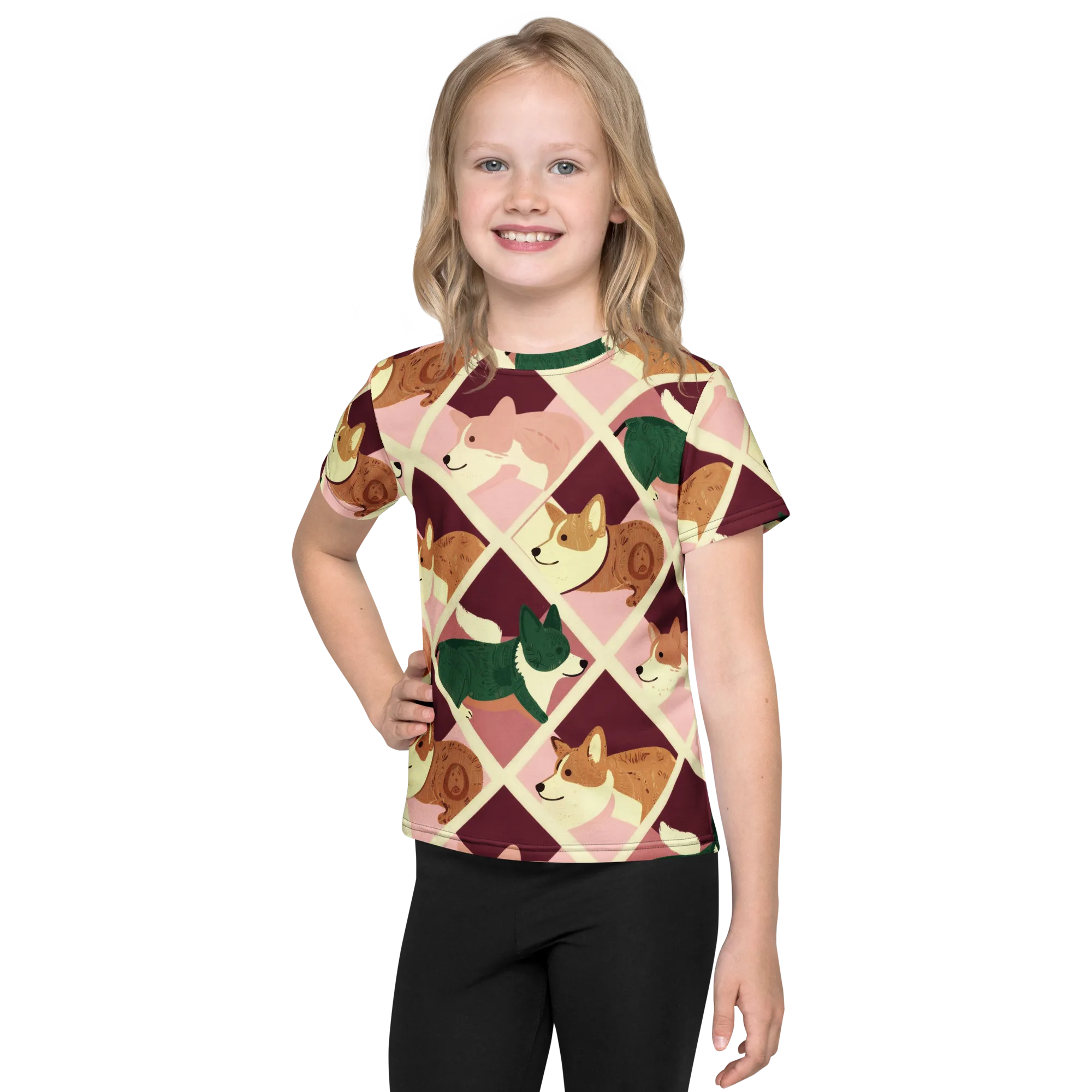 Corgi Quilt on Kids Crew Neck T-Shirt — Front