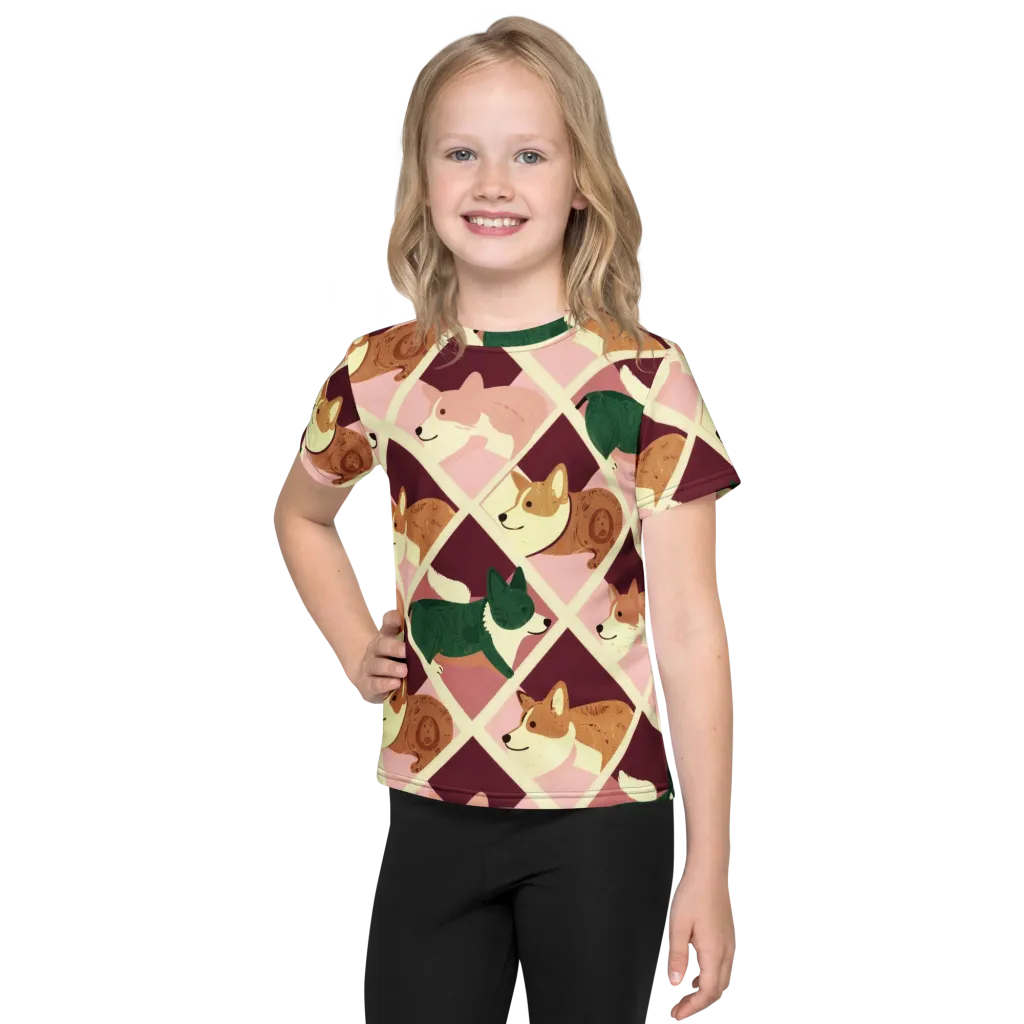 Corgi Quilt on Kids Crew Neck T-Shirt — Front